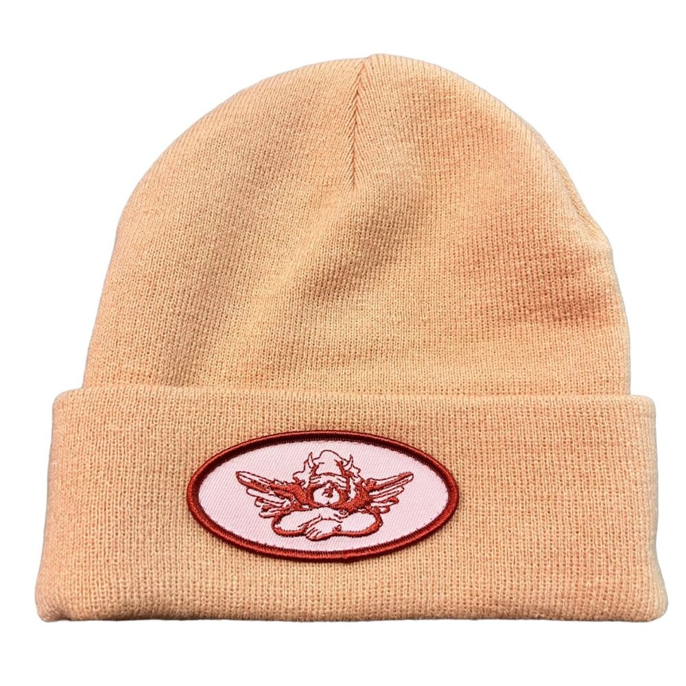 NEW BOYS LIE BEANIE HAT FOLDOVER ORANGE RED PINK LOGO PATCH NWT - Picture 1 of 4